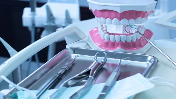 Dental equipment on the tray on the table